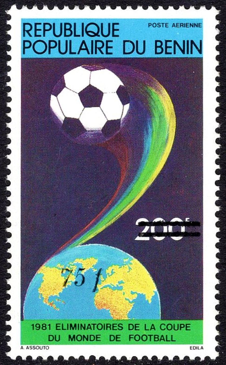 Benin: FIFA Wereldbekerkwalificatie 1982. Uitgegeven op 31-03-1981 naar een ontwerp van A. As