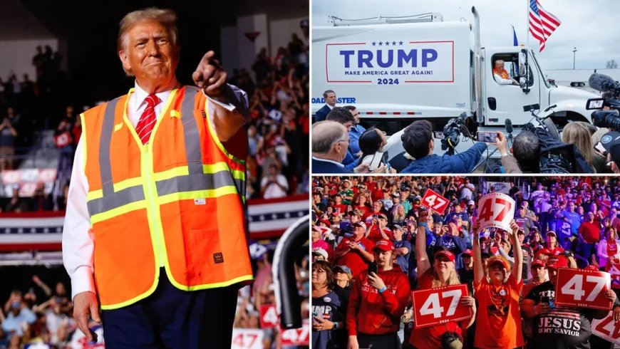 Trump arriveert in Wisconsin in een vuilniswagen ter ere van Kamala en Biden